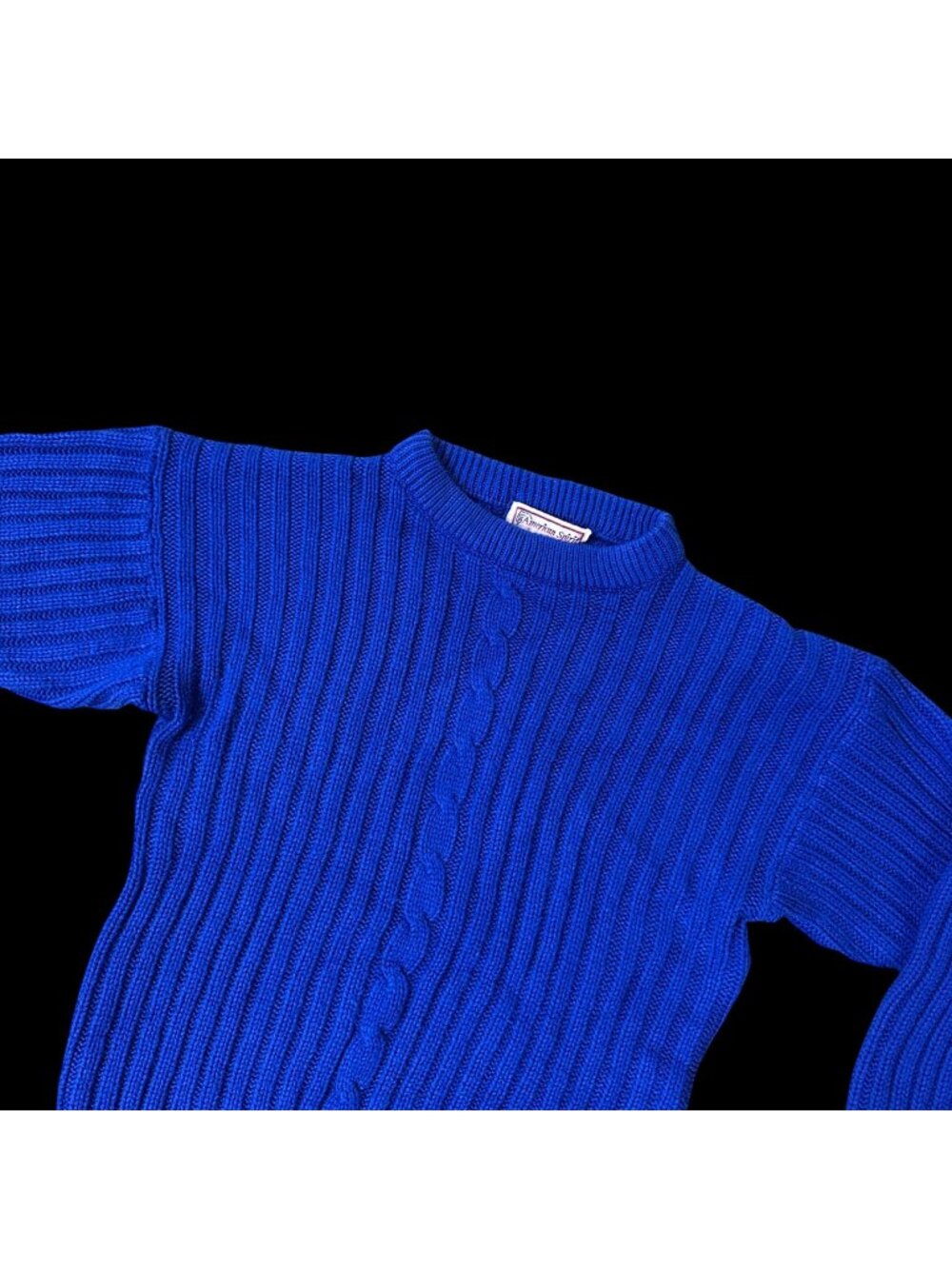 Vintage Blue Cable Knit Sweater Large Hong Kong 1980s American Spirit Retro